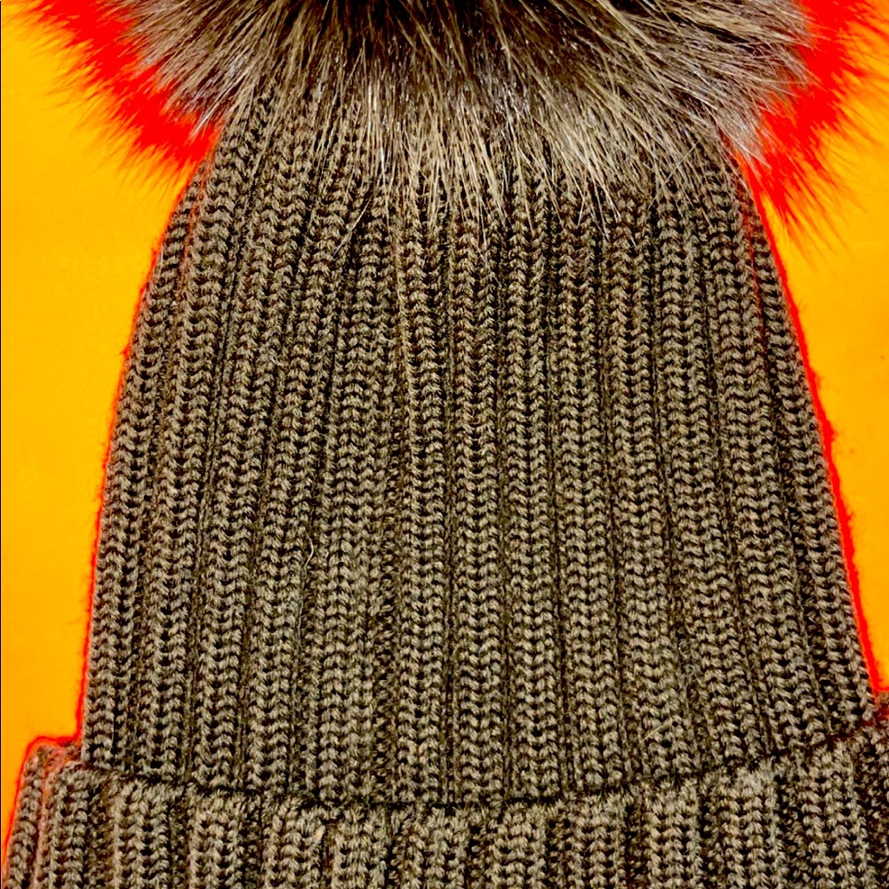 Moncler army green beanie with real fur pompom